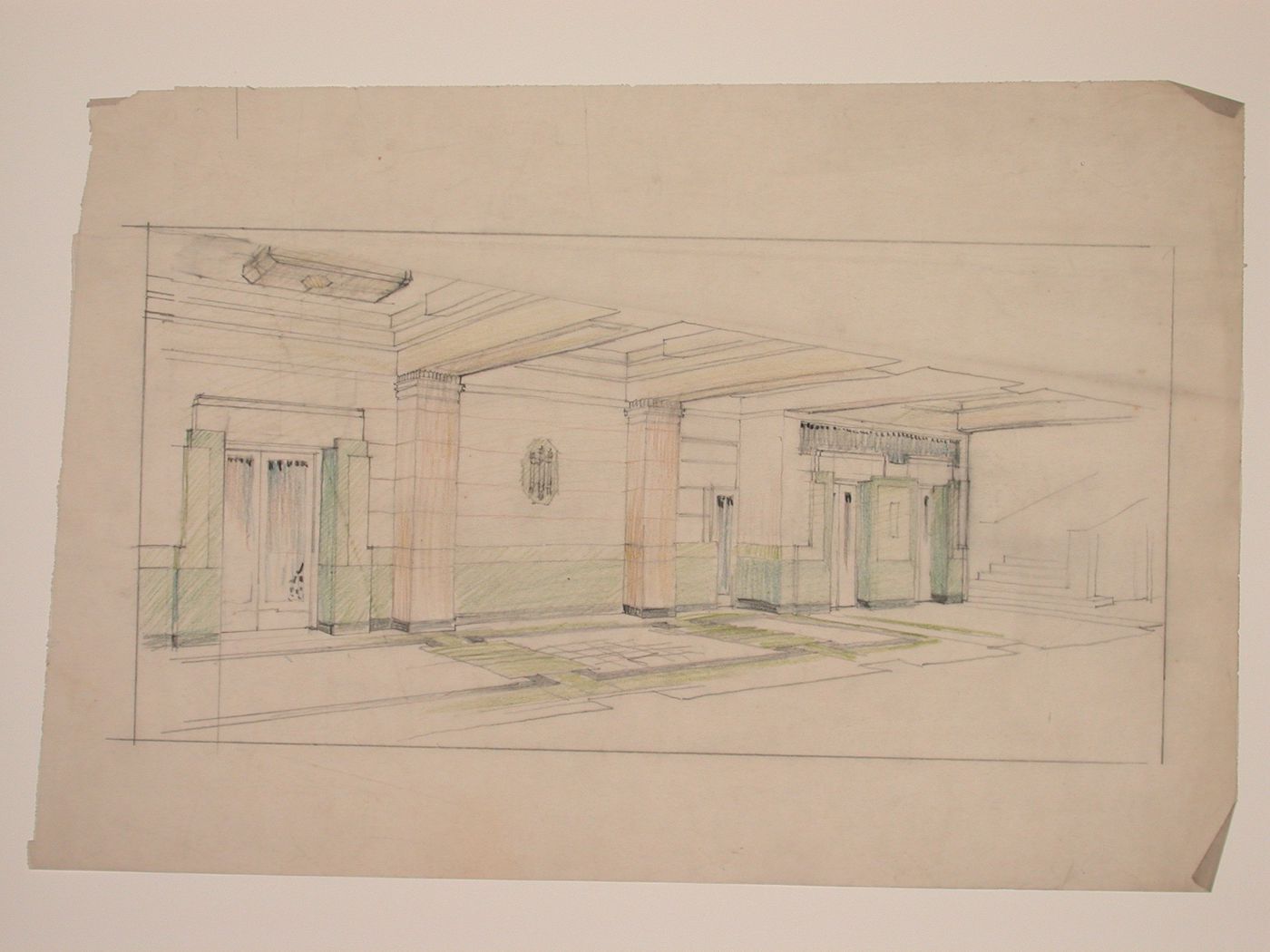 Perspective view showing the interior of a hall