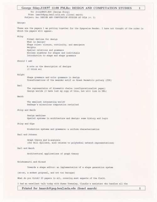 Email from March to George Stiny on UCLA Symposium