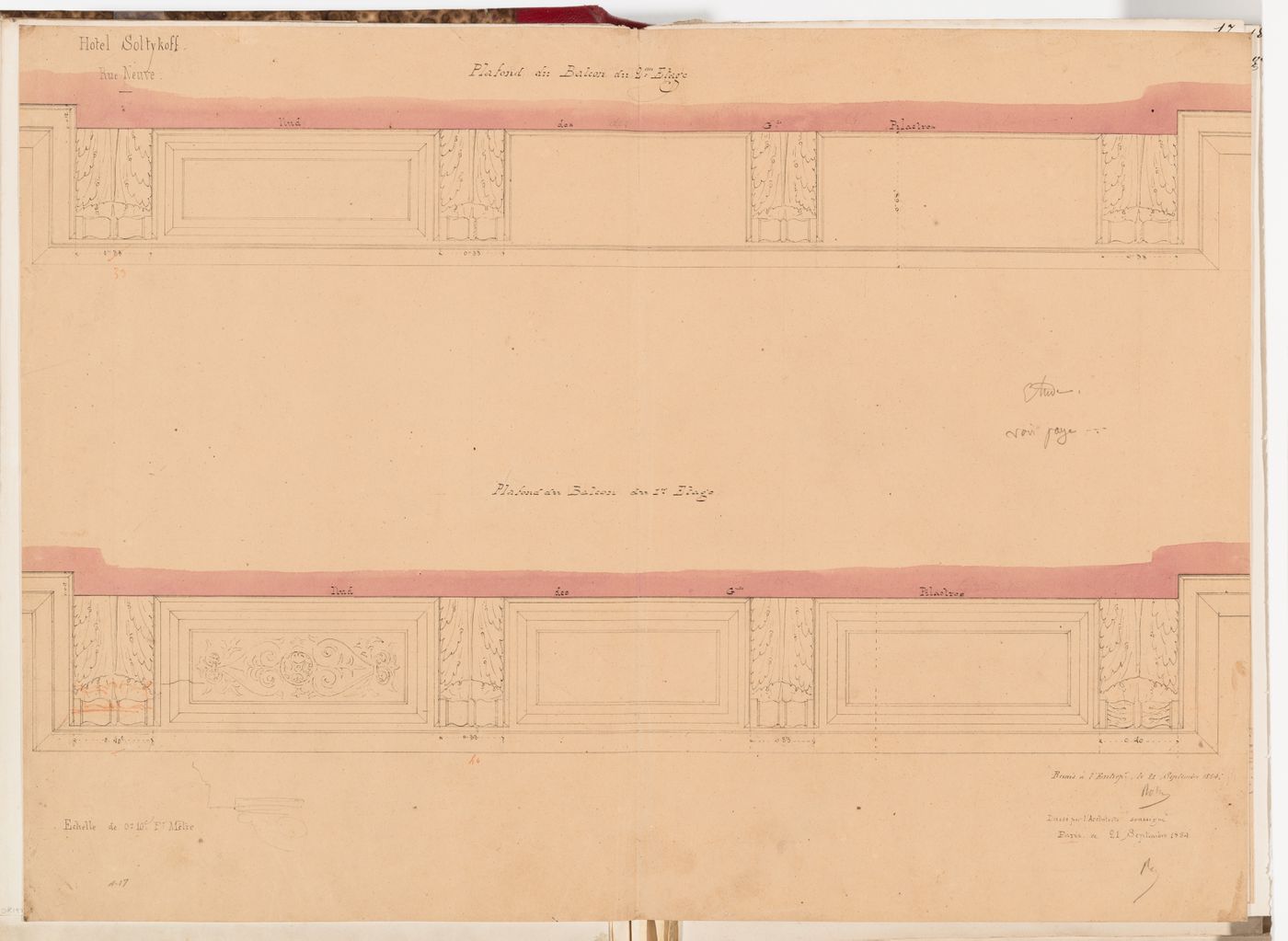 Reflected ceiling plans for the first and second floor balconies, Hôtel Soltykoff