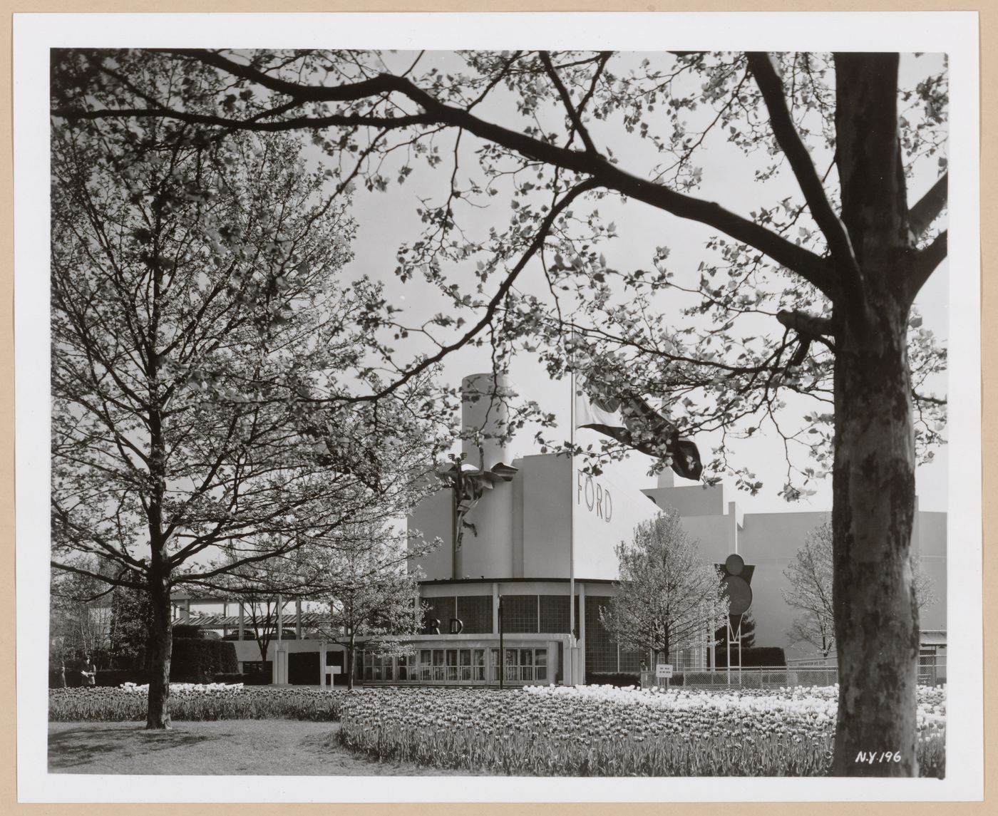View of an entrance to the Ford Motor Company pavilion showing the sculpture of Mercury, 1939-1940 New York World's Fair, New York City, New York