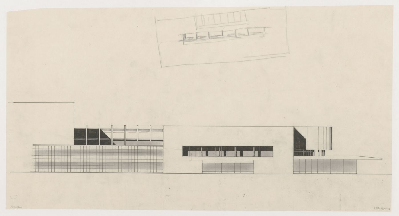 Partial elevation and partial sketch elevation for the east façade for the Congress Hall Complex, The Hague, Netherlands
