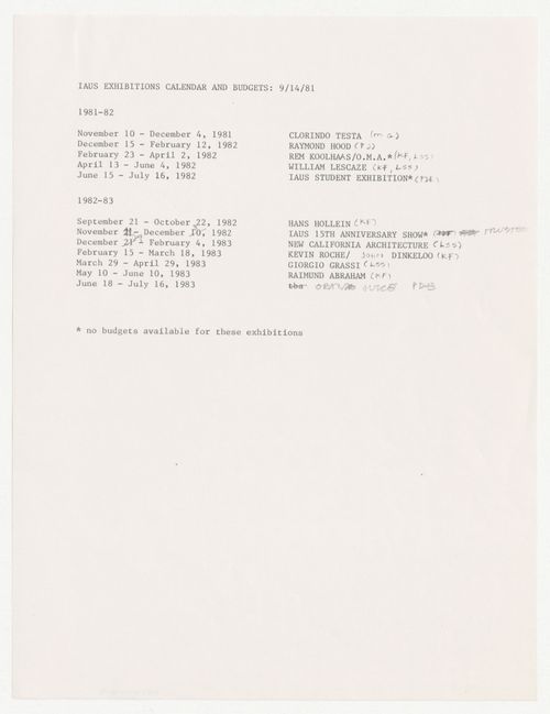 Exhibition calendar with annotations by Peter D. Eisenman