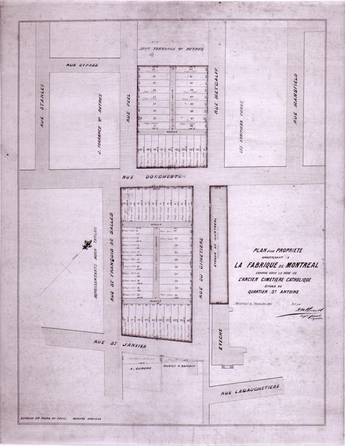 Site plan of the Cimetière du faubourg Saint-Antoine (also known as l'Ancien Cimetière Catholique), Montréal