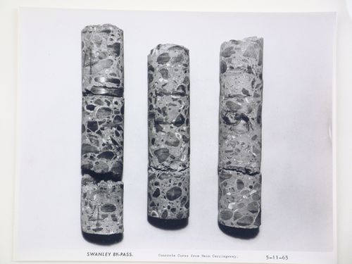 Studio view of concrete cores from main carriageway of the Swanley Bypass, England