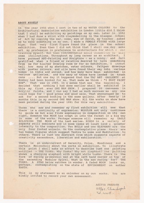 Artist statement by Aditya Prakash for his 1989 first solo exhibition at the Taj Art Gallery, Mumbai (formerly Bombay), India