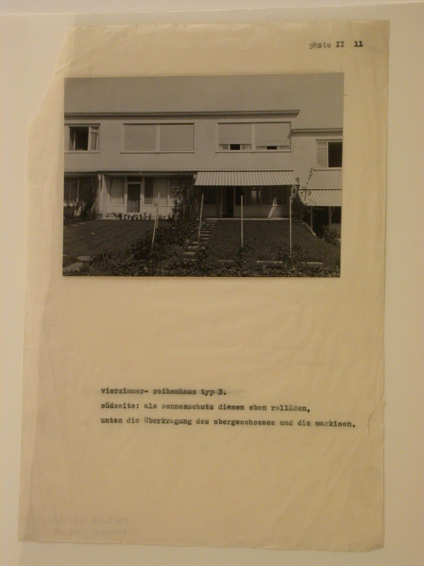 View of the south façade of Type B row houses showing awnings and window shades, Werkbundsiedlung Neubühl, Zurich, Switzerland