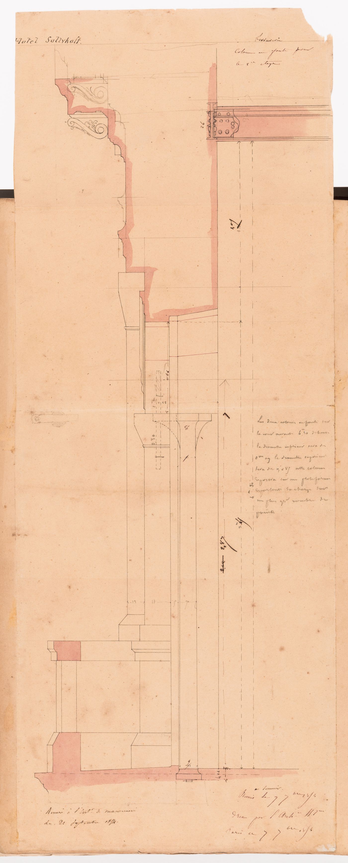 Details for the base and capital for a cast iron column, Hôtel Soltykoff; verso: Wall section indicating the location of the cast iron columns on the second floor, Hôtel Soltykoff