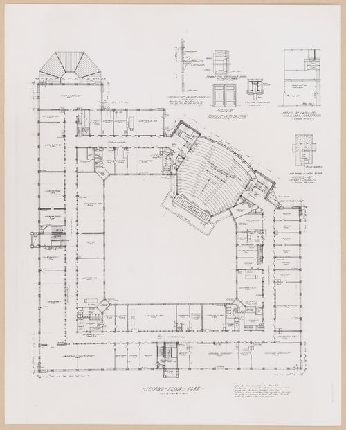 Photograph of a second floor plan and details for hood flues, corridor partitions, blackboards, doors and doorheads for the Natural Science Building (also known as the Krauss Natural Science Building), University of Michigan, Ann Arbor, Michigan