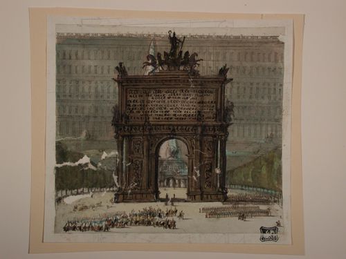 Visionary design for a triumphal arch in a square, with a fountain and a multi-story facade behind