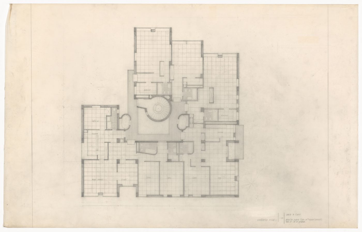 Typical floor plan with 5 apartments for Casa a torre, Italy