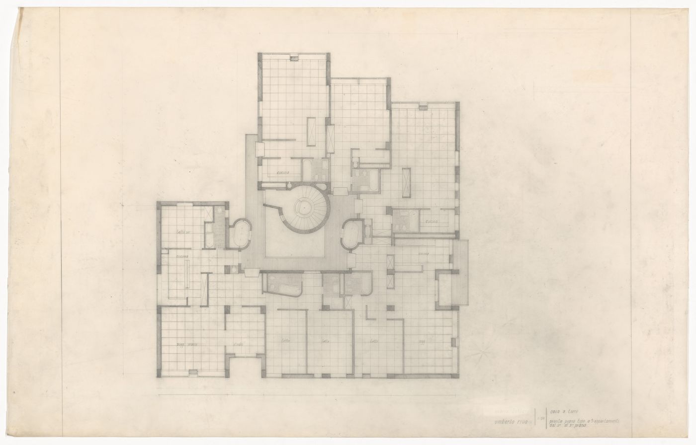 Typical floor plan with 5 apartments for Casa a torre, Italy