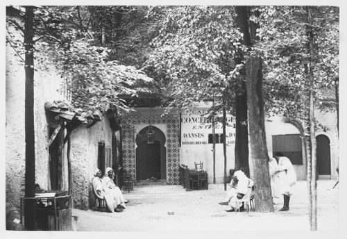 View of people in the square near the Kabyle house and the Café Maure, part of the Pavillon de l'Algérie, Exposition universelle de 1889, Paris, France