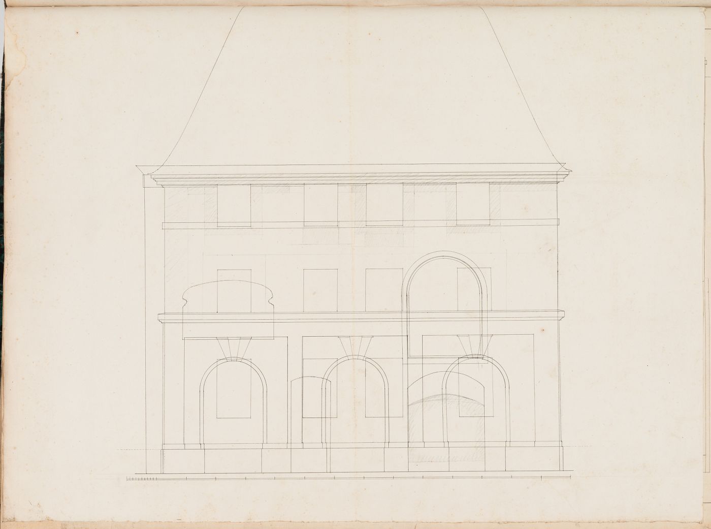 Project for alterations to the Caserne des Minimes, rue des Minimes: End elevation for a wing