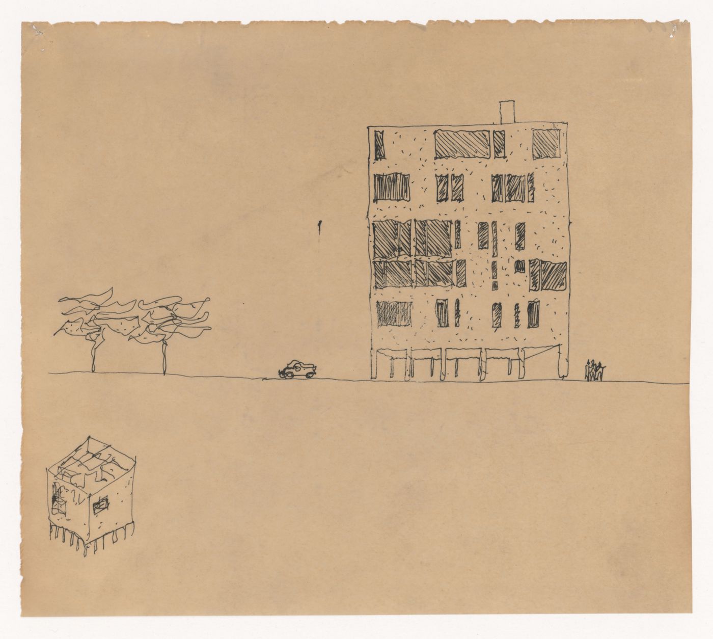 Sketch elevation and axonometric for Apartment House