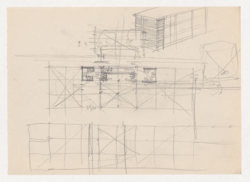 Sketch plans and axonometric sketch for a campus building for Illinois Institute of Technology