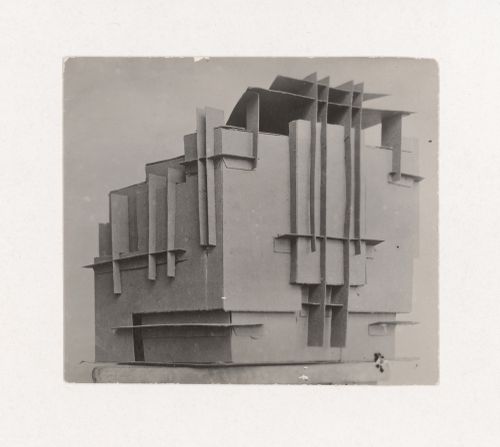 Photograph of a student model on the topic "Finding the Form of Blunt Massive Volume (Parallelepiped, Cylinder, Complex Configuration)" for the "Space" course at the Vkhutemas (Higher State Artistic Technical Studios), Moscow