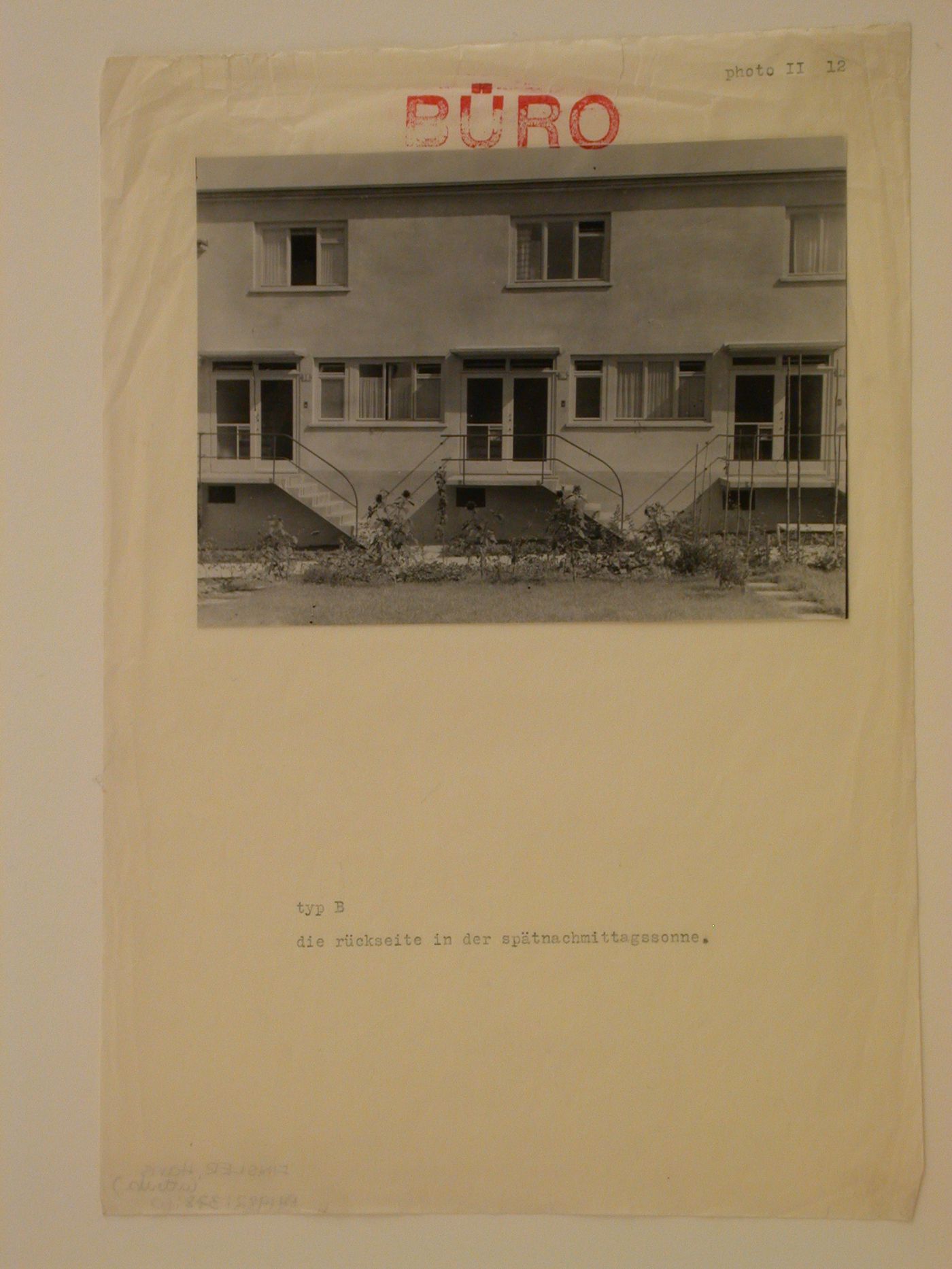 View of the north façade of Type B row houses showing entrances and stairs, Werkbundsiedlung Neubühl, Zurich, Switzerland