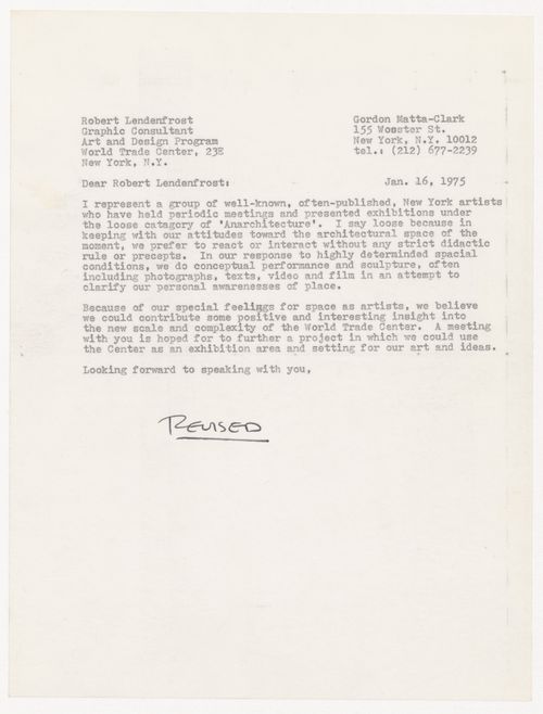 Letter from Gordon Matta-Clark to Robert Lendenfrost