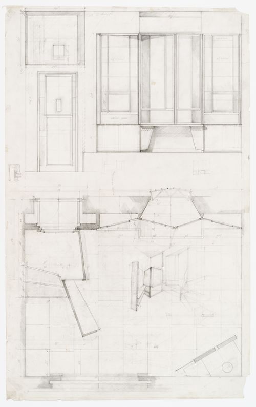 Elevation, plan, and perspective sketch of living room for Casa Frea, Milan, Italy