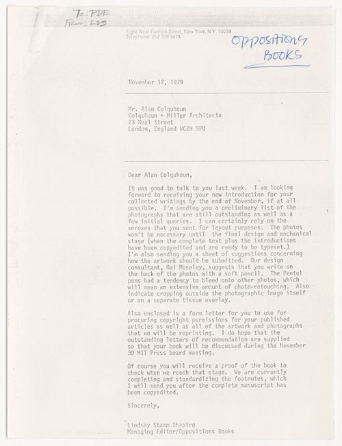 Letter from Lindsay Stamm Shapiro to Alan Colquhoun about Colquhoun's collected writings with attachments