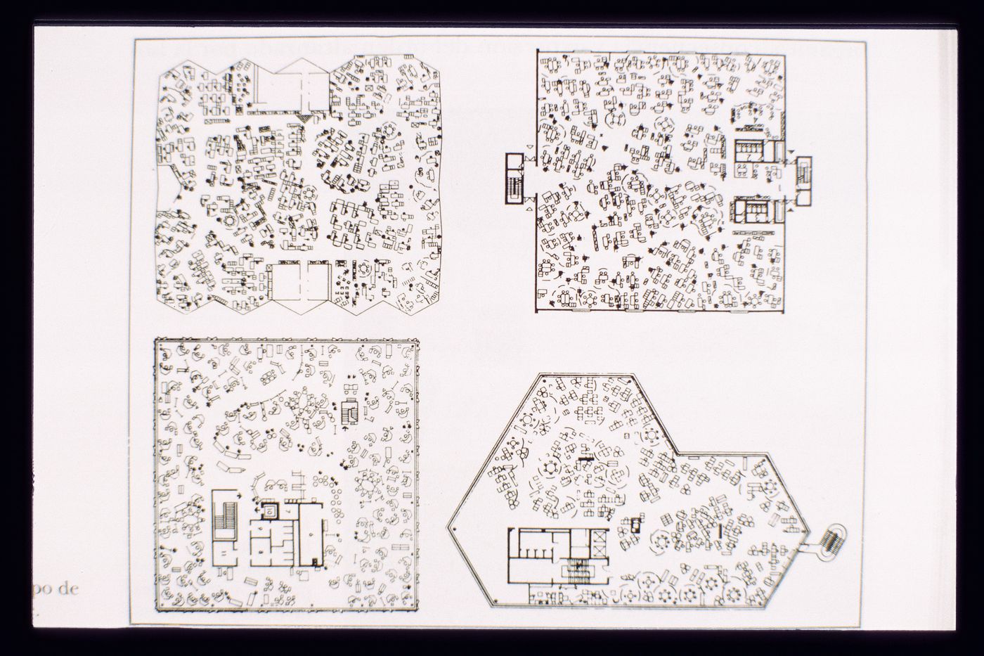 Slide of a drawing for typical plans of office landscapes, by Quickborner Team