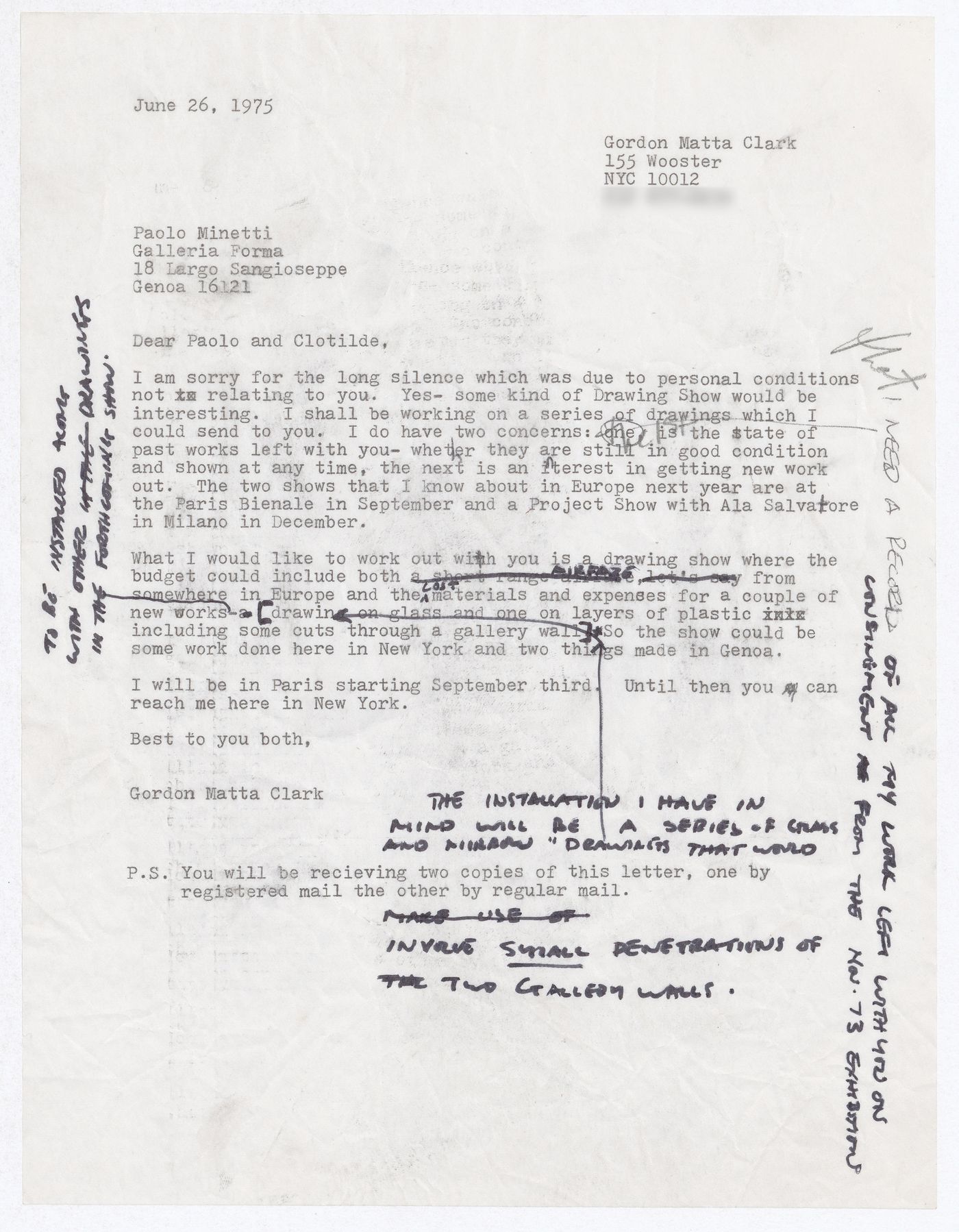 Letter from Gordon Matta-Clark to Paolo Minetti and Clautilda [Minetti]