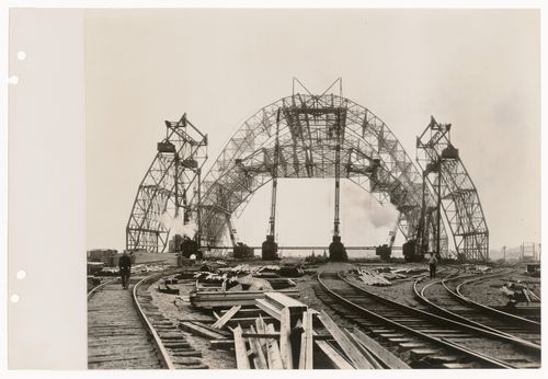 View of construction of the steel framework of the Goodyear-Zeppelin airship factory and dock in Akron, Ohio, United States