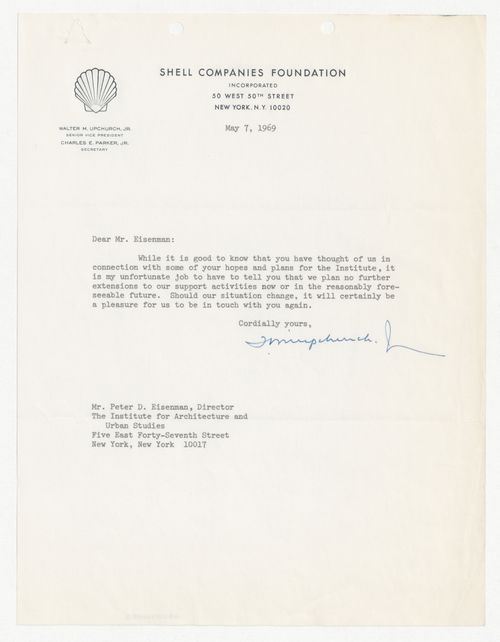 Letter from Walter M. Upchurch Jr. to Peter D. Eisenman responding to donation request made by Eisenman