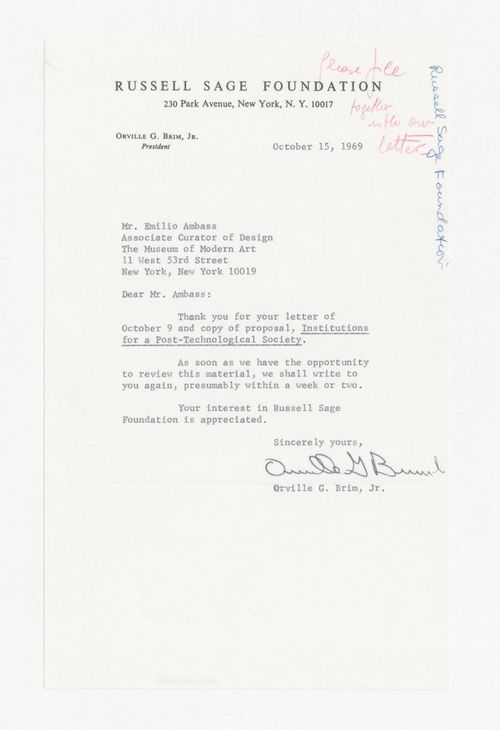 Letter from Orville G. Brin Jr. to Emilio Ambasz responding to proposal for Institutions for a Post-Technological Society conference