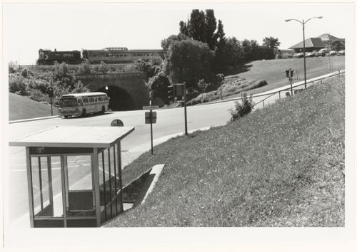 View of Glen Railroad Bridge with the Canadian Pacific Railway Station (now derelict) in the right background, Landsdowne and Sherbrooke Streets, Westmount, Québec