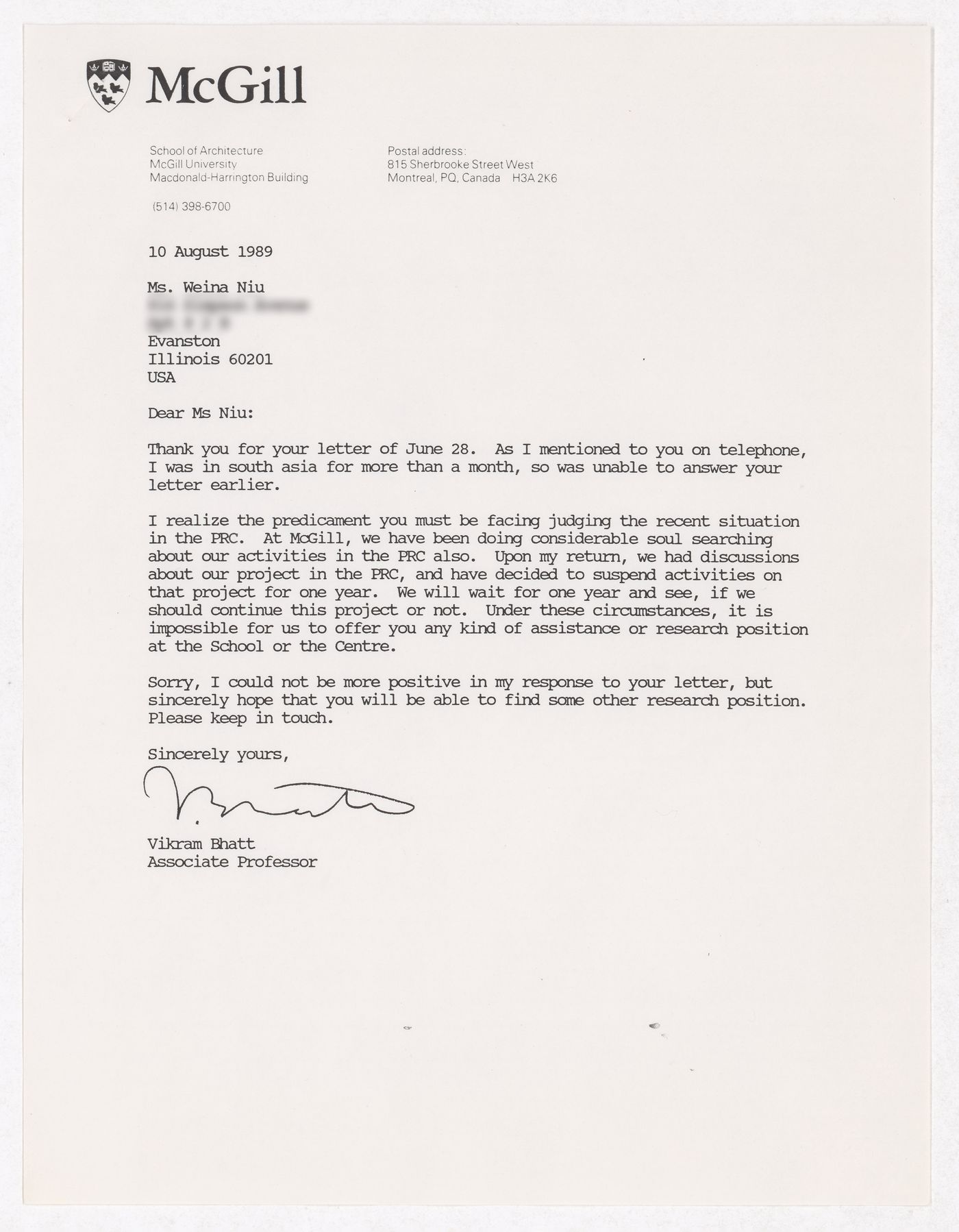 Letter from Vikram Bhatt to Ms. Weina Niu about the suspension of the Sichuan housing project in China