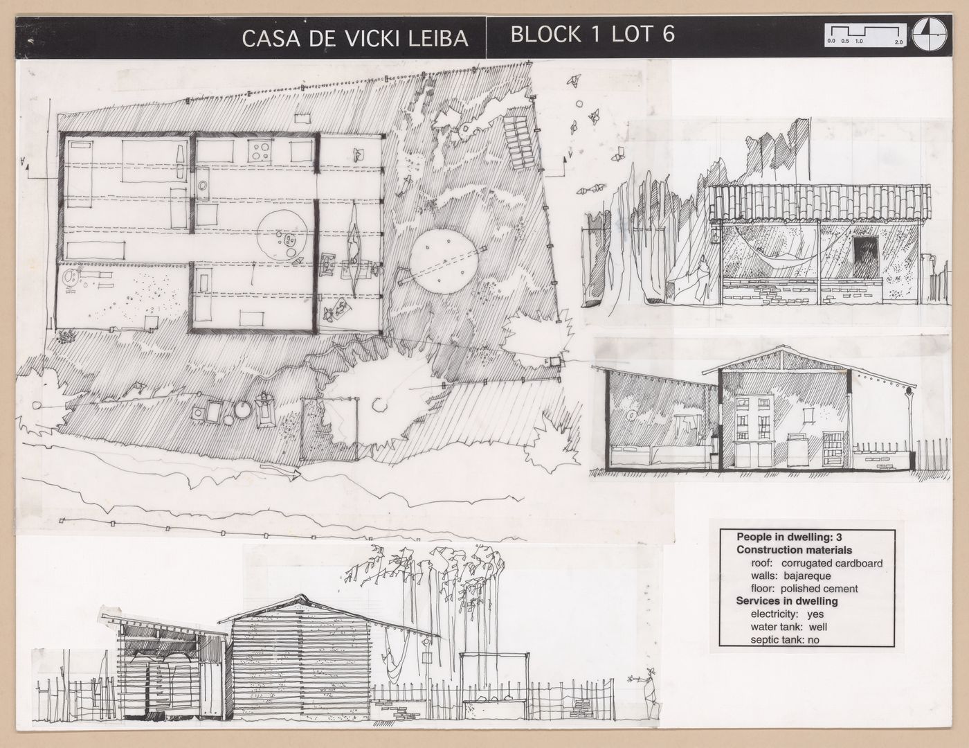 Presentation panel with floor plan, elevations, and section of Casa de Vicki Leiba for the Urban Upgrading project La Esperanza, in Zihuatanejo, Mexico