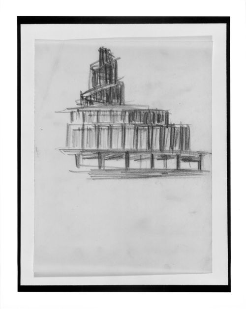 Sketch of a tower and stepped-up building possibly for the restaurant or Congress hall for the Berlin Fairground.