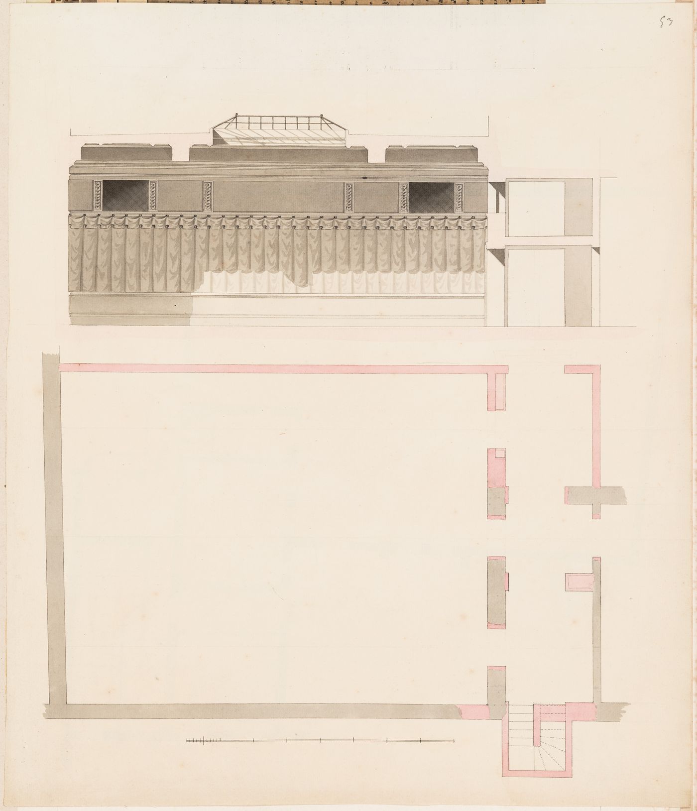 Project for the redevelopment of the École de médecine and surrounding area, Paris [?]: Longitudinal section and plan for a room for the Académie de médecine