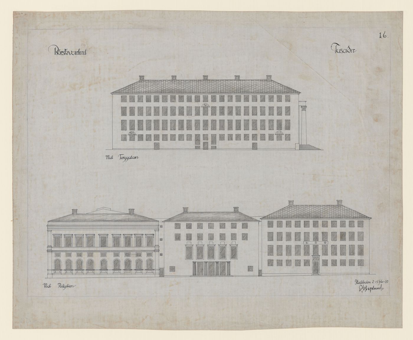 East and west elevations for the 1918-1925 design for the Börskvarteret [Stock Exchange Block], Gustaf Adolfs torg [square], Göteborg, Sweden