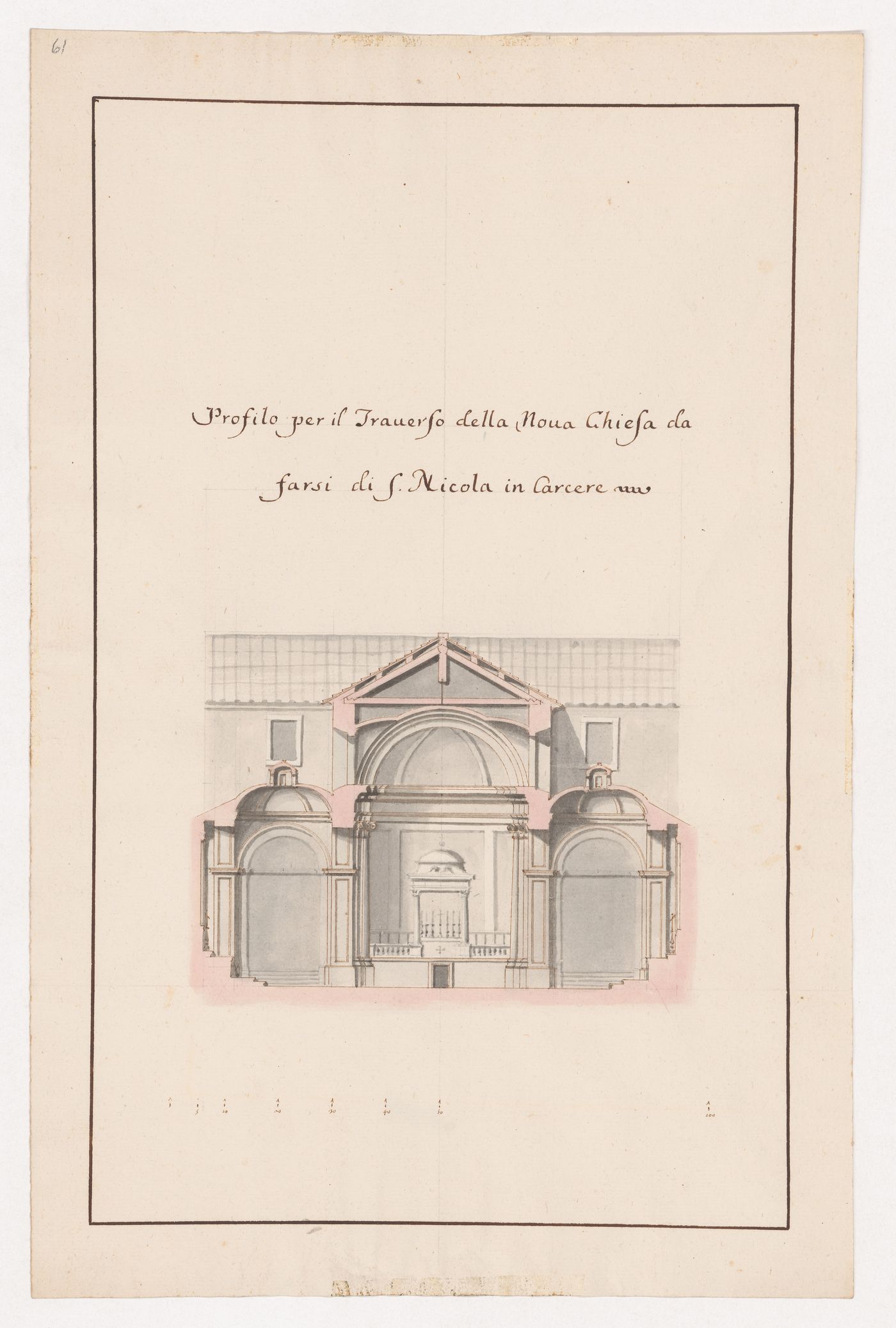 Transverse section for the church of S. Nicola in Carcere, Rome, looking towards the altar