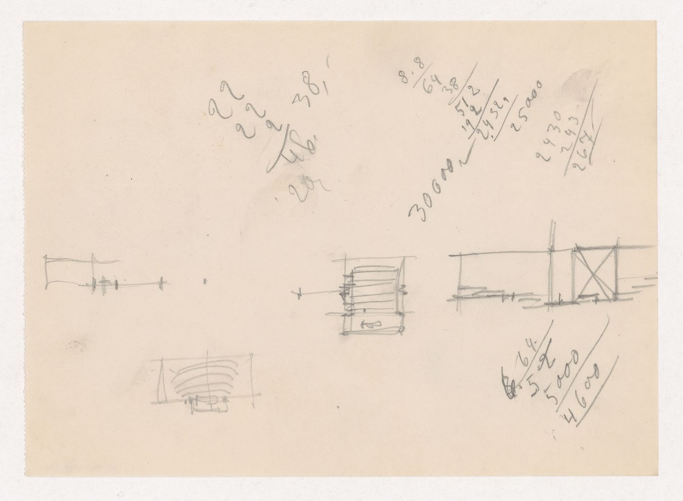 Partial sketch plans and partial sketch cross section for an auditorium for Illinois Institute of Technology