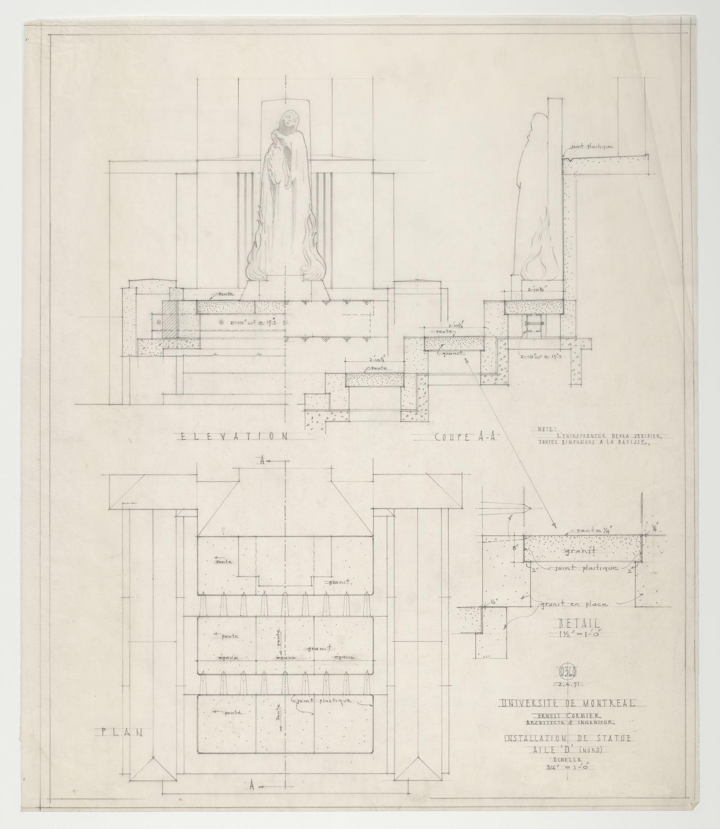 Détails de l'installation d'une statue pour l'aile D, Pavillon principal et campus, Université de Montréal, Montréal, Canada (1924-1947)