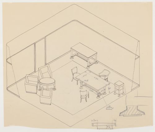 Axonometric and sectional details for furniture for the director's office of the Shell Building, The Hague, Netherlands