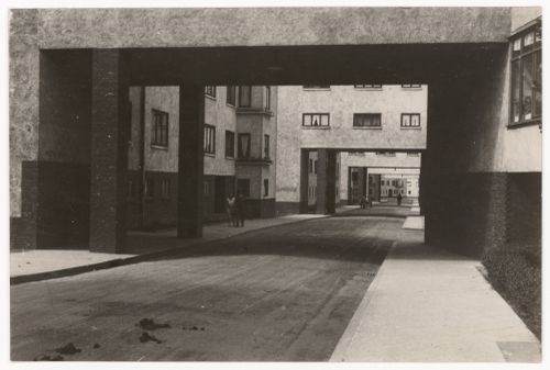 View of an unidentified housing project, possibly related to a documentary film with the working title 'Frankfurter Siedlungen' [Frankfurt Housing Complexes], Frankfurt am Main, Germany