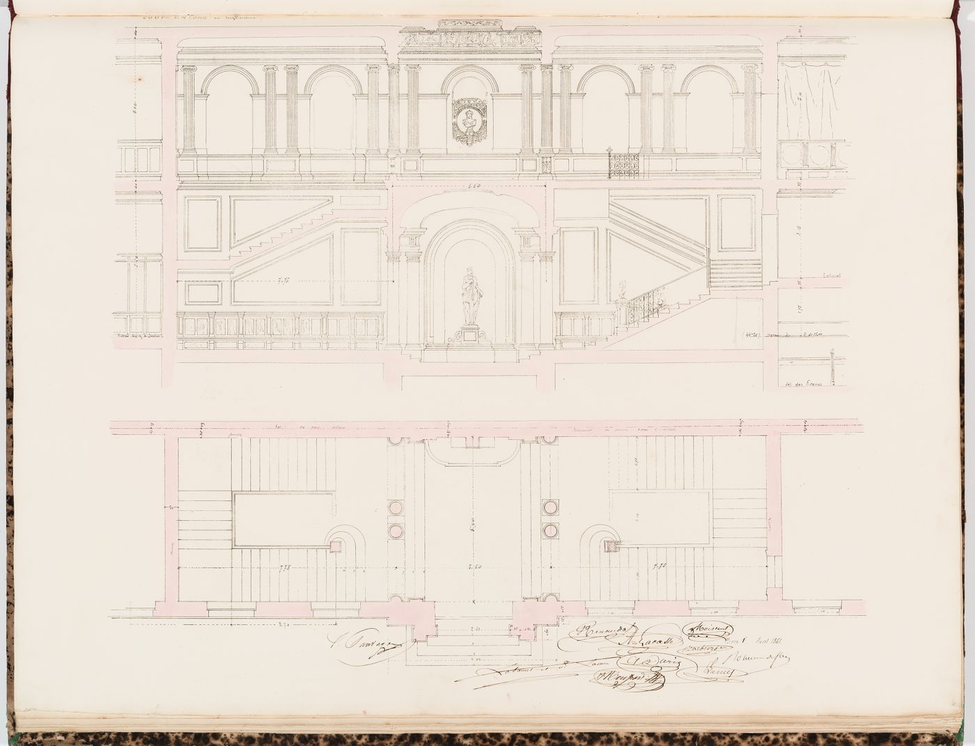 Longitudinal section and plan for the entrance hall and the main stairs, Hôtel Sauvage, Paris