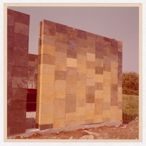 View of interlocking sulphur concrete block wall for Ecol House
