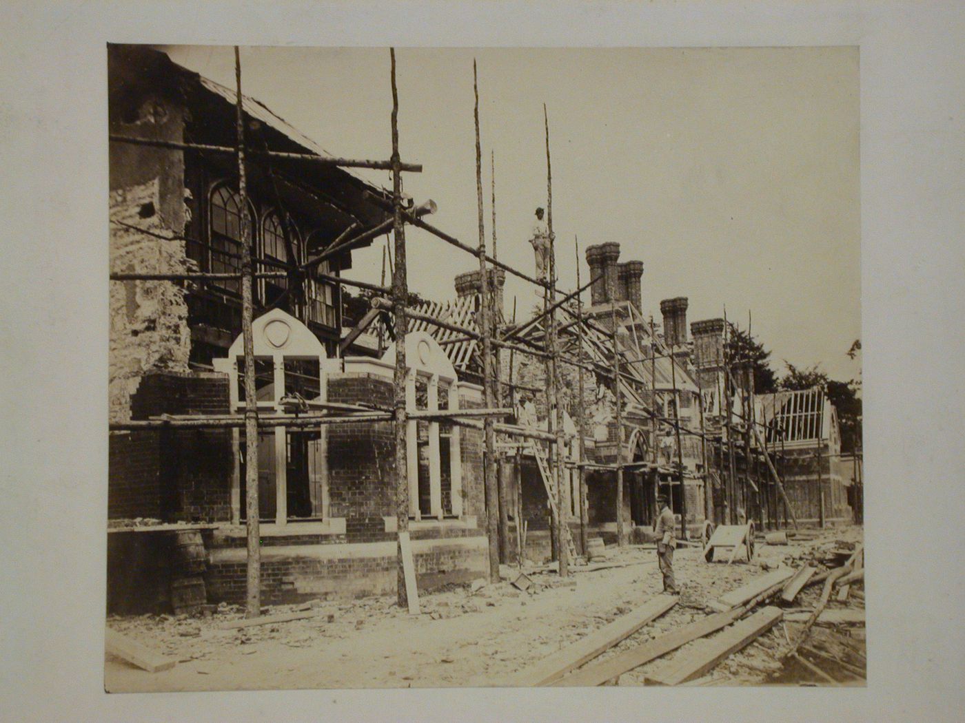Partial view of the garden façade of Voelas Hall under construction showing portions of the former manor house "Lima" prior to being enclosed into the new hall, Pentrefoelas, Denbighshire, Wales