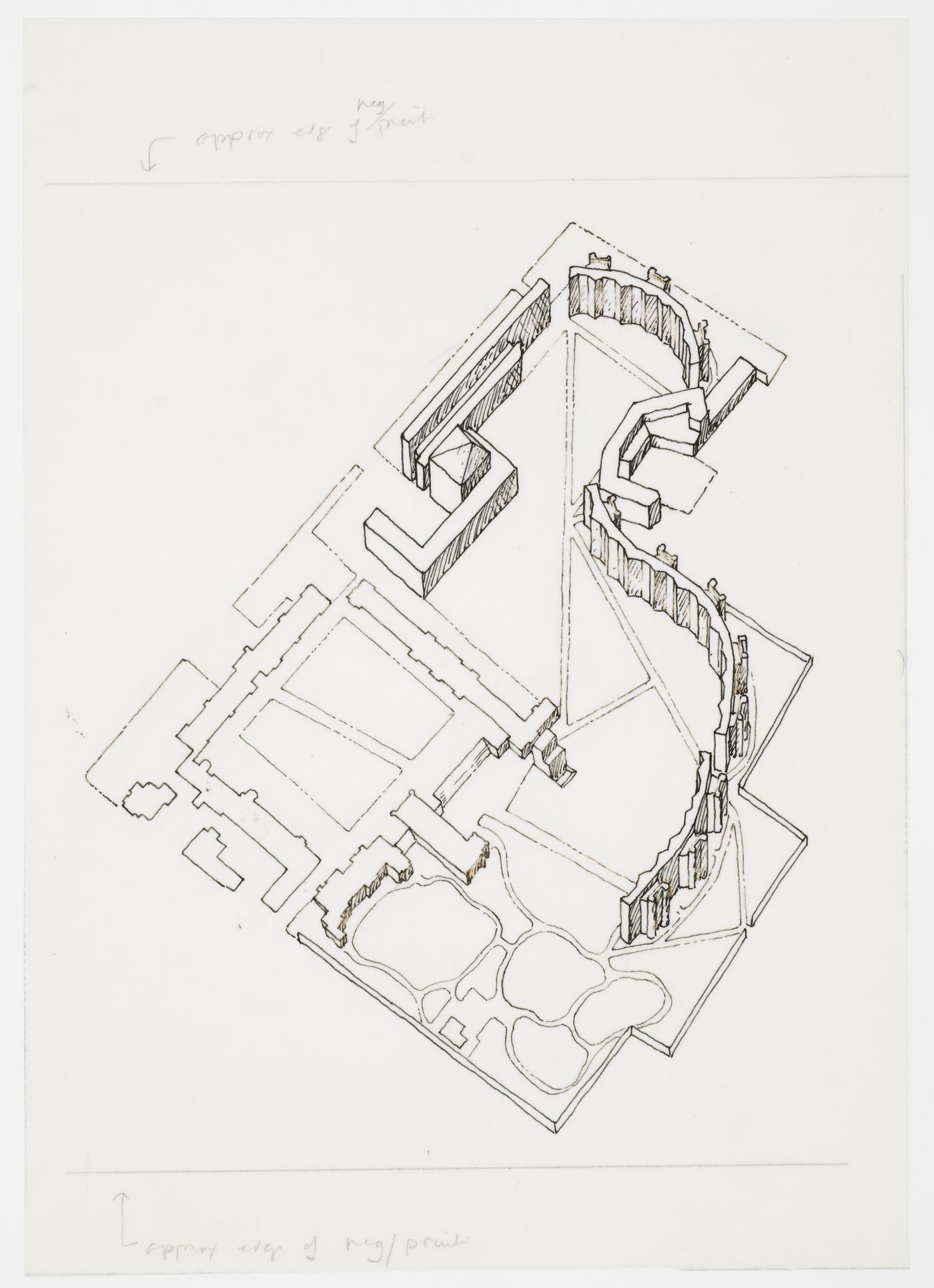 Bird's-eye axonometric, Selwyn College, University of Cambridge, Cambridge, England