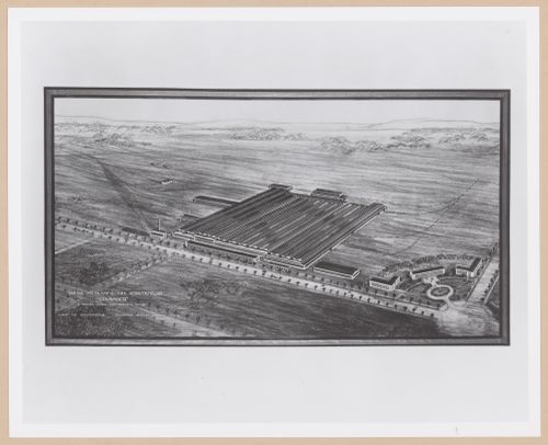 Photograph of a bird's-eye perspective drawing for or of the Steel Fabricating Plant, Nizhniĭ Tagil, Soviet Union (now in Russia)