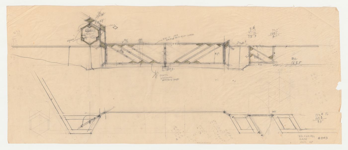Wayfarers' Chapel, Palos Verdes, California: Elevation and plan for the entrance gate and sign