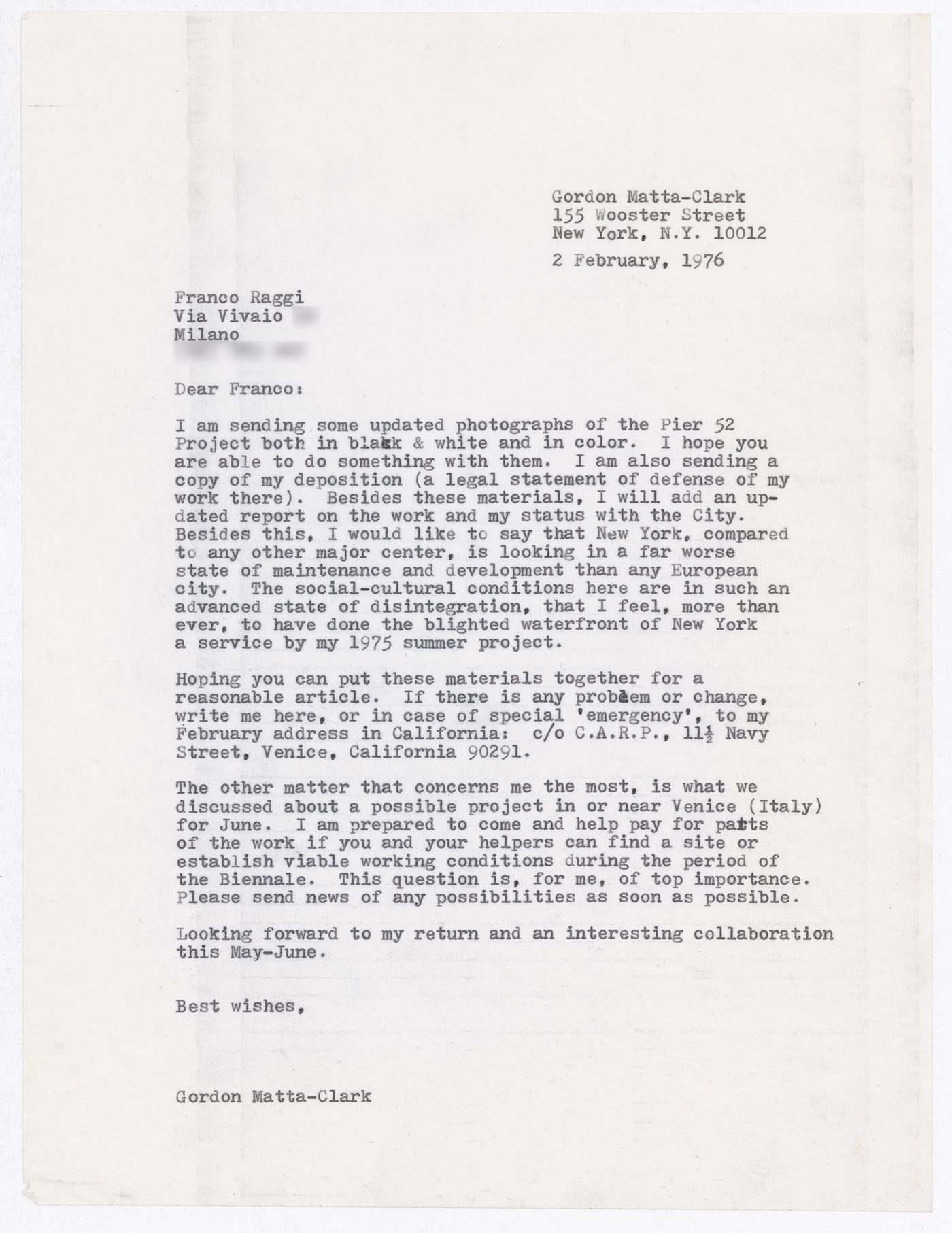 Letter from Gordon Matta-Clark to Franco Raggi