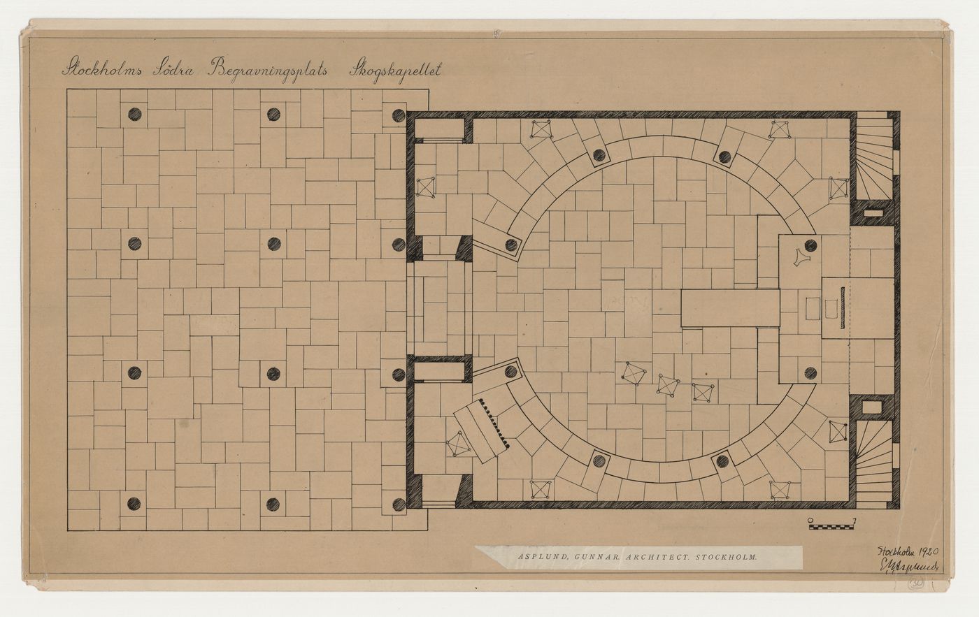 Ground plan for Woodland Chapel showing furniture placement and tile flooring, Woodland Cemetery, Stockholm, Sweden