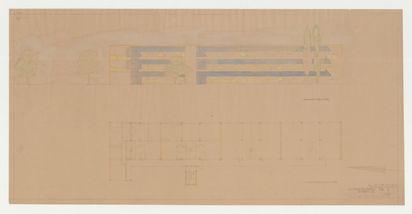 Plan and west elevation for a housing unit, Wiesbaden, Germany