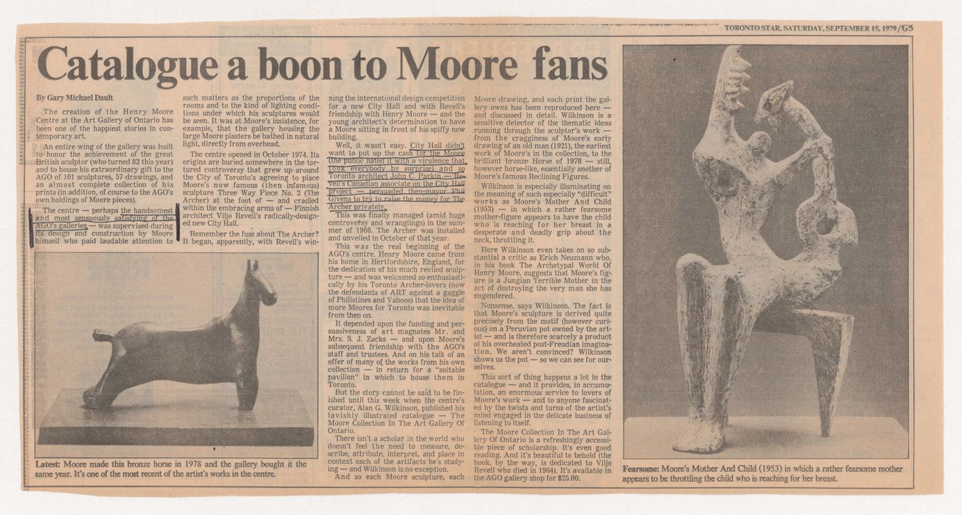 "Catalogue a boon to Moore fan" article printed in the Toronto Star on Henry Moore catalogue produced by the AGO